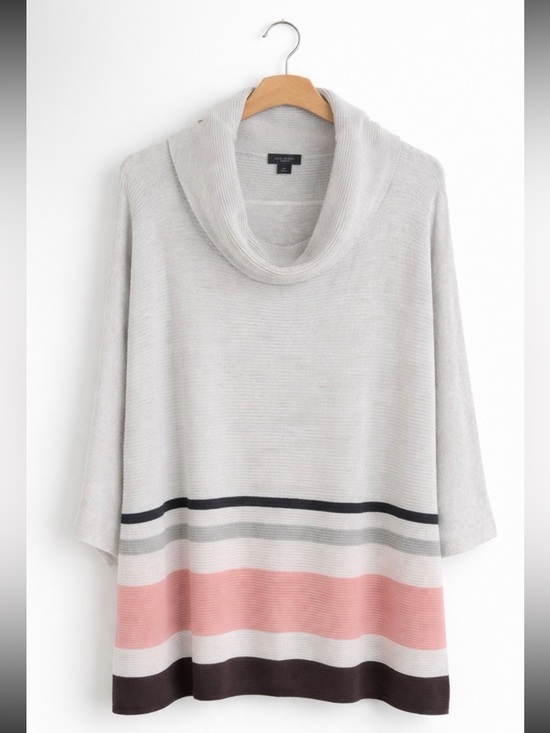 Ann Taylor Sweaters - Ann Taylor Cowl Neck Poncho Sweater Medium Gray Pink Stripe Cape Style Tunic